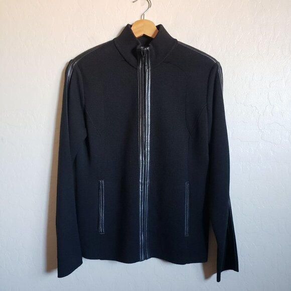 Sigrid Olsen Black Silk Blend Full Zip Jacket w Leather Trim Mock Neck Women's S - Picture 1 of 10